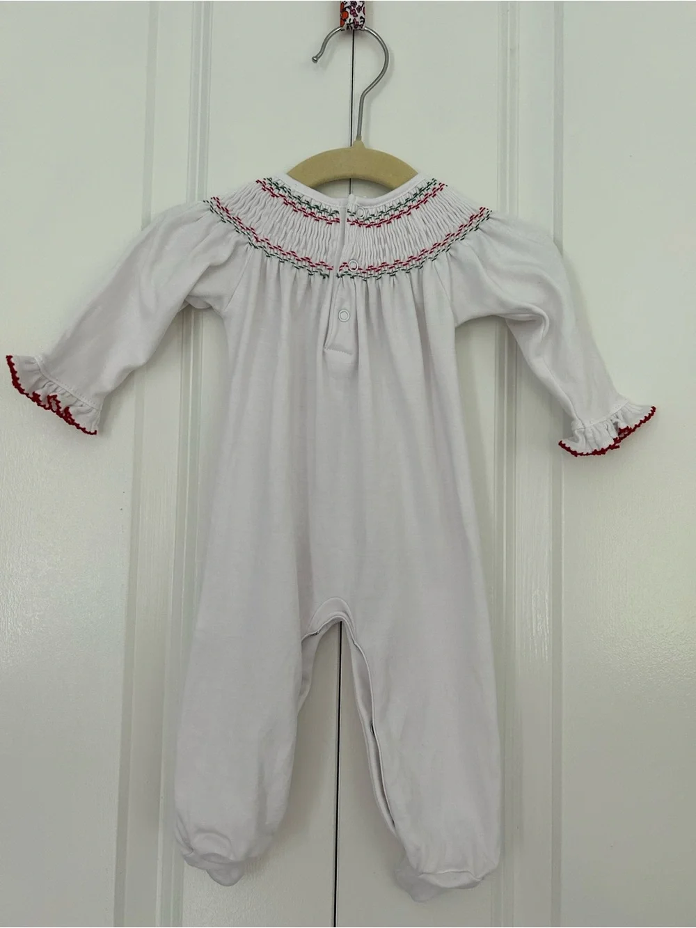 Kissy Kissy Newborn Holiday Medley Smocked outfit embroidered Christmas trees